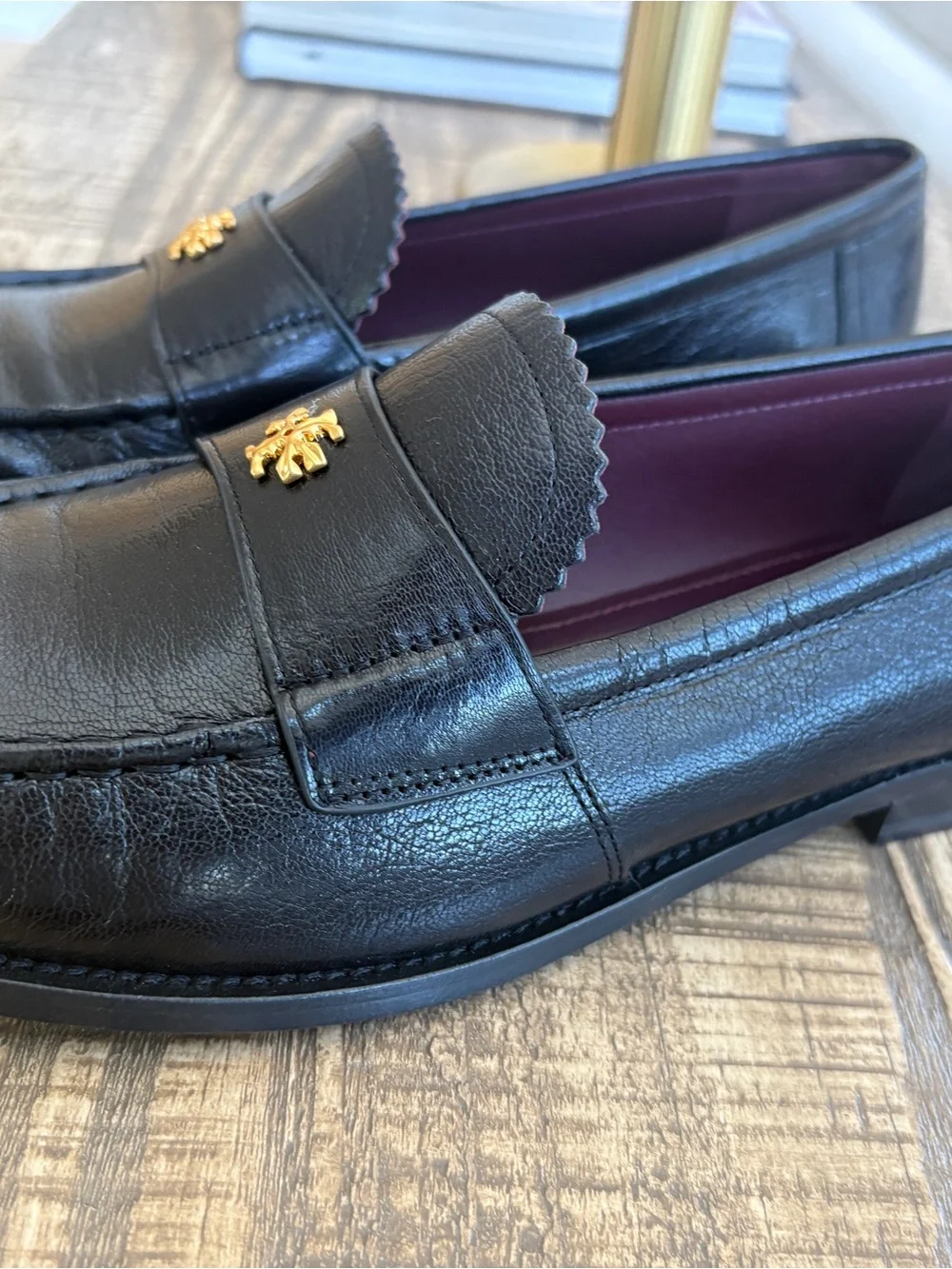 Tory Burch Black Leather Loafers with Gold Logo Accent